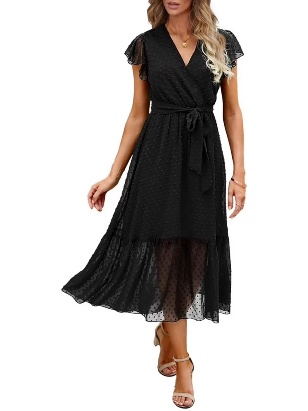 Fashion Women’s Black Polka Dot V-Neck Ruffle Short Sleeve Belted Midi Dress L